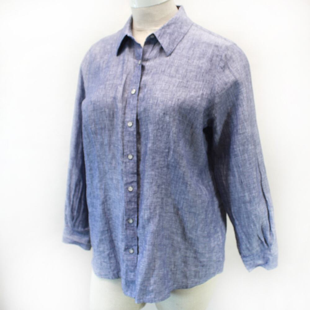 Foxcroft Shaped Fit Blue 100% linen Top Blouse Shirt Casual Button-Up Size 16W
